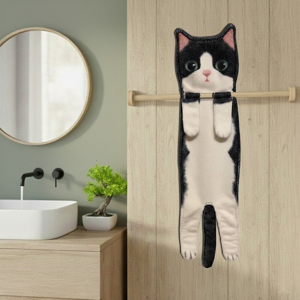 Black White Cat Hanging Hand Towel Decor Bathroom Decoration Kitchen Dish Cloth
